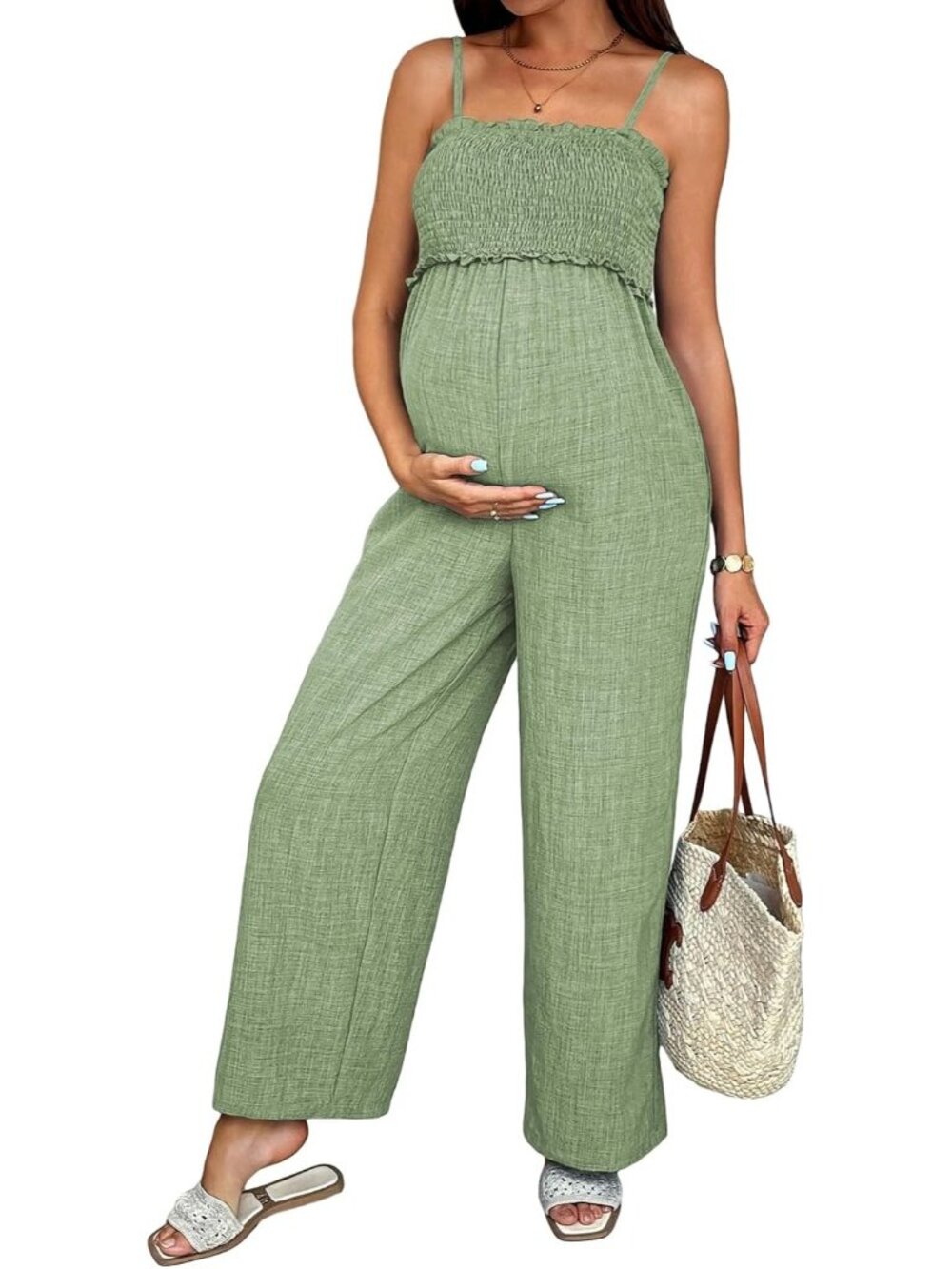 Women's Smoke Green Smocked Maternity Jumpsuit Loose Overalls Pockets Jumpsuits